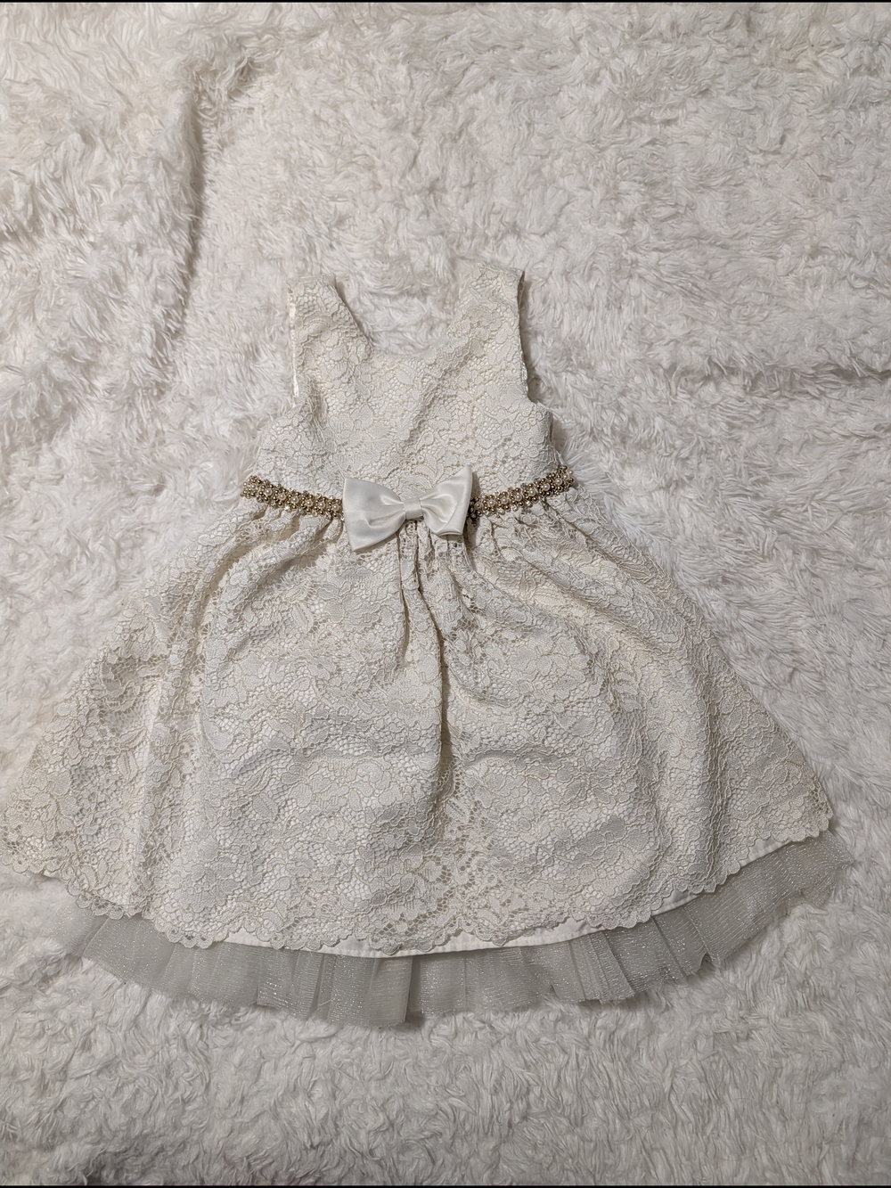 American Princess Ivory Lace Dress with Gold Waist Bow